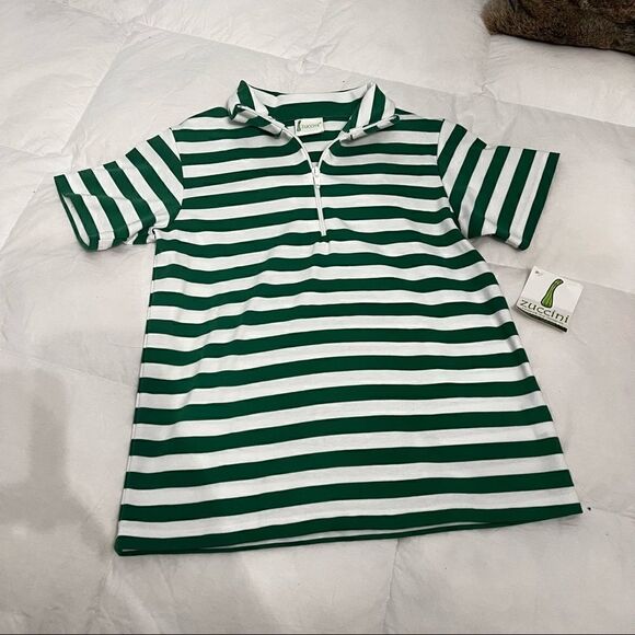 Zucchini Boys green and white preppy striped polo w/zipper - Picture 4 of 11